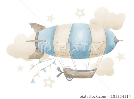 Vintage Airship with garlands and clouds in pastel blue and beige colors on isolated background. Hand drawn watercolor illustration for Baby shower greeting cards. Retro Aerostat in steampunk style. Vintage Airship with garlands and clouds in pastel blue and beige colors on isolated background. Hand drawn watercolor illustration for Baby shower greeting cards. Retro Aerostat in steampunk style. 101234114