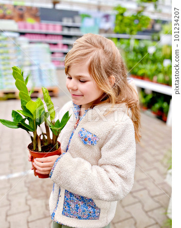 Cute girl holding potted plant in a flower shop. Little farmer choosing and buying green plants for home. Happy child. 101234207