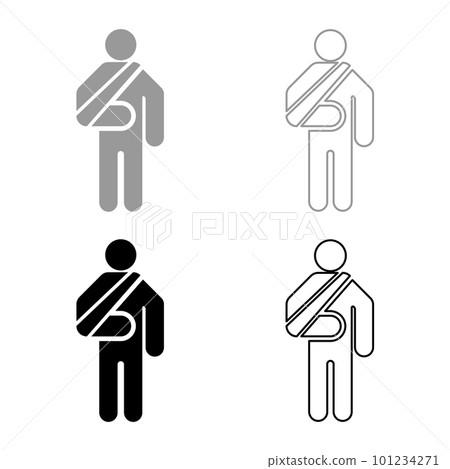 Man with broken arm hand gypsum injured stick using sticks person trauma concept elastic bandage on human immobilize support bone sling cast fracture trauma set icon grey black color vector 101234271