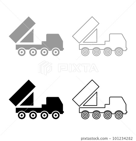 Reactive system volley fire salvo artillery American multiple launch on wheeled chassis high mobility army military truck air defense anti aircraft set icon grey black color vector illustration image 101234282