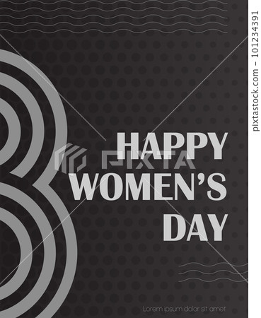 A black and white Happy womans day poster template in a minimalistic style with wavy lines and Figure Eight. Greeting card template. Vector illustration on a dark gradient background A black and white Happy womans day poster template in a minimalistic style with wavy lines and Figure Eight. Greeting card template. Vector illustration on a dark gradient background 101234391