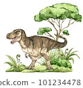 Watercolor dinosaur illustration with prehistoric landscape. Hand drawn Tyrannosaurus rex with trees and bushes. Detailed dino clipart for kids products. Children Encyclopedia of ancient animals. PNG 101234478