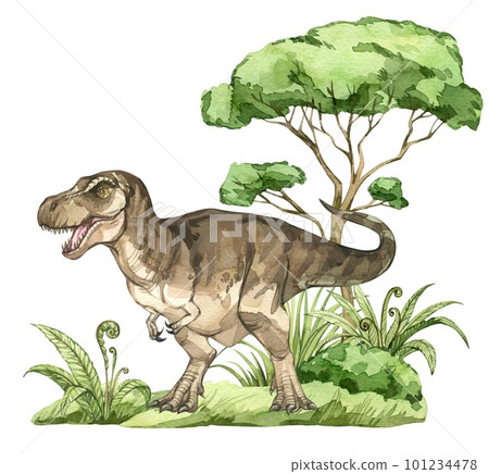 Watercolor dinosaur illustration with prehistoric landscape. Hand drawn Tyrannosaurus rex with trees and bushes. Detailed dino clipart for kids products. Children Encyclopedia of ancient animals. PNG 101234478