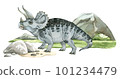 Watercolor dinosaur illustration with prehistoric landscape. Hand drawn Triceratops with mountains and grass. Detailed dino clipart for kids products. Children Encyclopedia of ancient animals. PNG 101234479