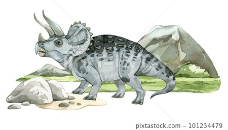 Watercolor dinosaur illustration with prehistoric landscape. Hand drawn Triceratops with mountains and grass. Detailed dino clipart for kids products. Children Encyclopedia of ancient animals. PNG Watercolor dinosaur illustration with prehistoric landscape. Hand drawn Triceratops with mountains and grass. Detailed dino clipart for kids products. Children Encyclopedia of ancient animals. PNG 101234479