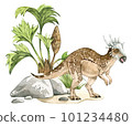 Watercolor dinosaur illustration with prehistoric landscape. Hand drawn Stygimoloch with stones and wild plants. Detailed dino clipart for kids products. Children Encyclopedia of ancient animals. PNG 101234480