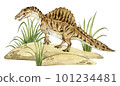 Watercolor dinosaur illustration with prehistoric landscape. Hand drawn Spinosaurus on the sand with grass. Detailed dino clipart for kids products. Children Encyclopedia of ancient animals. PNG file 101234481