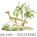 Watercolor dinosaur illustration with prehistoric landscape. Hand drawn Lagerpeton on the sand with palms. Detailed dino clipart for kids products. Children Encyclopedia of ancient animals. PNG file 101234482
