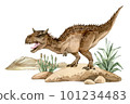 Watercolor dinosaur illustration with prehistoric landscape. Hand drawn Carnotaurus on the rocks with grass. Detailed dino clipart for kids products. Children Encyclopedia of ancient animals. PNG file 101234483