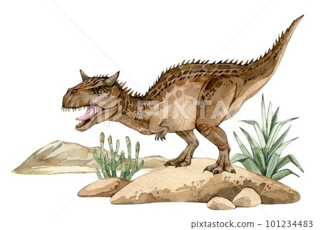 Watercolor dinosaur illustration with prehistoric landscape. Hand drawn Carnotaurus on the rocks with grass. Detailed dino clipart for kids products. Children Encyclopedia of ancient animals. PNG file 101234483