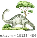 Watercolor dinosaur illustration with prehistoric landscape. Hand drawn Brontosaurus with trees and bushes. Detailed dino clipart for kids products. Children Encyclopedia of ancient animals. PNG file 101234484