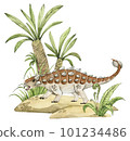Watercolor dinosaur illustration with prehistoric landscape. Hand drawn Ankylosaurus on the rocks with palm trees. Detailed dino clipart for kids products. Children Encyclopedia of ancient animals 101234486