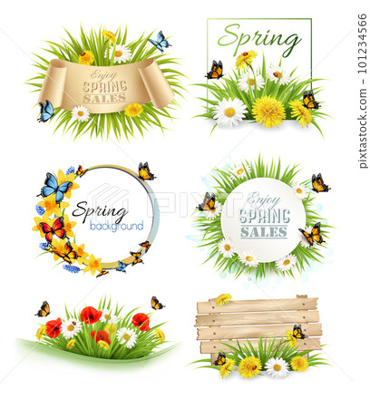 Set of spring sale banners and frames with colorful spring flowers and butterflies. Vector. Set of spring sale banners and frames with colorful spring flowers and butterflies. Vector. 101234566