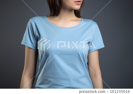 Generative AI. Blue T-Shirt Mockup on Female Model Generative AI. Blue T-Shirt Mockup on Female Model 101235016