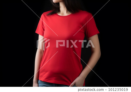 Generative AI. Red T-Shirt Mockup on Female Model Generative AI. Red T-Shirt Mockup on Female Model 101235019