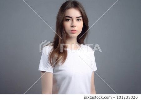Generative AI. White T-Shirt Mockup on Female Model Generative AI. White T-Shirt Mockup on Female Model 101235020