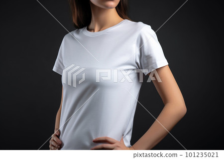Generative AI. White T-Shirt Mockup on Female Model Generative AI. White T-Shirt Mockup on Female Model 101235021