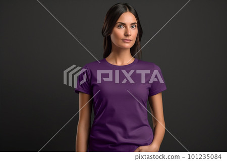 Generative AI. Purple T-Shirt Mockup on Female Model Generative AI. Purple T-Shirt Mockup on Female Model 101235084