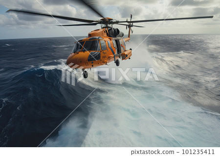Search and rescue operation in sea. Emergency rescue helicopter over sea surface. Generative AI 101235411