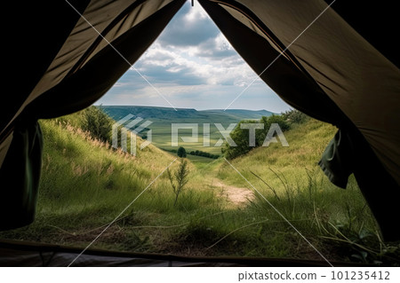 Amazing view from inside tent to mountain landscape. Generative ai 101235412