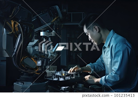 Engineer with tablet computer at factory workplace. Industrial worker. Generative AI 101235413