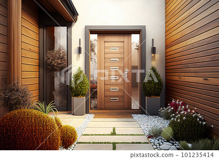 Modern house facade. Main entrance of living building. Generative AI 101235414