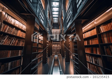Interior of library with many bookshelves. Rows of cabinets with old books in library. Generative AI 101235415