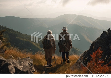 Senior couple hiking in mountains. Elderly tourists with bikepacks travelling Generative AI 101235423