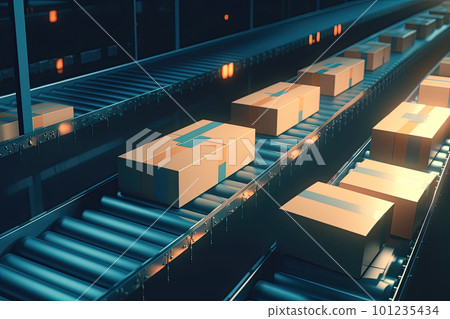 Automatic production line, conveyor belt with boxes. Generative AI 101235434