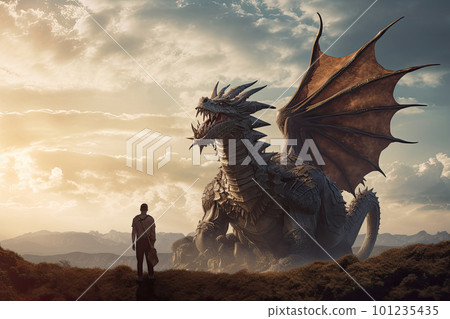Man stands in front of huge dragon, fantasy world. Generative AI 101235435