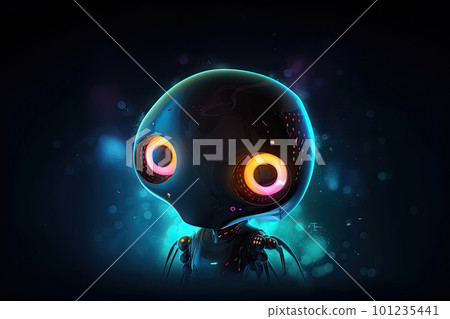 Cute robot with big eyes on dark background. Generative AI 101235441