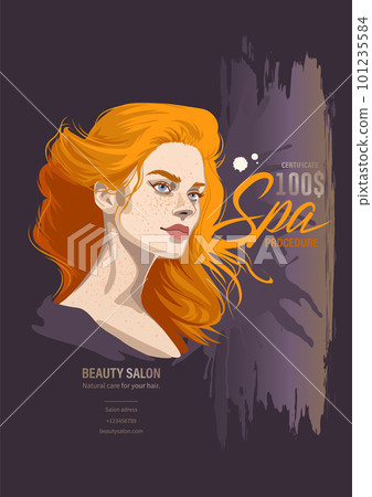 Girl with freckles and red loose hair decorated with splashes Girl with freckles and red loose hair decorated with splashes 101235584