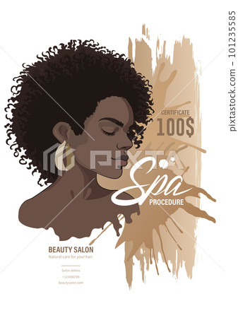 African girl in a frame with short curly hair over splashes African girl in a frame with short curly hair over splashes 101235585