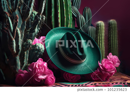 Cinco de Mayo holiday background. Mexican cactus with blooming flowers and party sombrero hat. Generative AI illustration 101235623