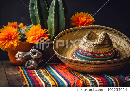 Cinco de Mayo holiday background. Mexican blooming cactus and party sombrero hat. Generative AI illustration 101235624