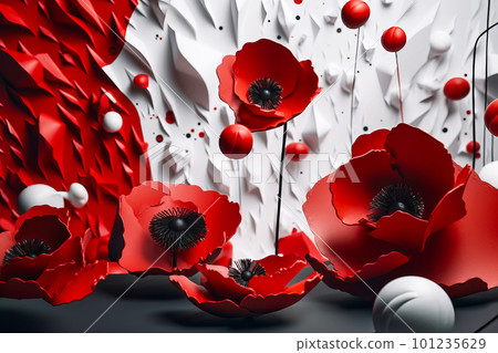 Red poppies as a symbol of memory for the fallen in the war. VE-Day, World War remembrance day. Generative AI illustration, creative composition 101235629