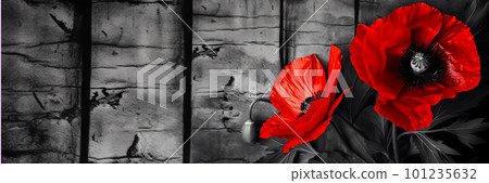 Banner with Red poppies as a symbol of memory for the fallen in the war. VE-Day, World War remembrance day. Generative AI illustration 101235632