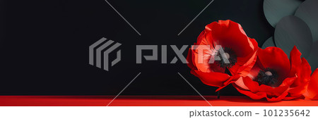 Banner with Red poppies as a symbol of memory for the fallen in the war. VE-Day, World War remembrance day. Generative AI illustration 101235642