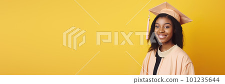 Yellow Banner with Beautiful black woman wearing a graduation cap. Study, education, university, college, graduate concept. Generative AI illustration 101235644