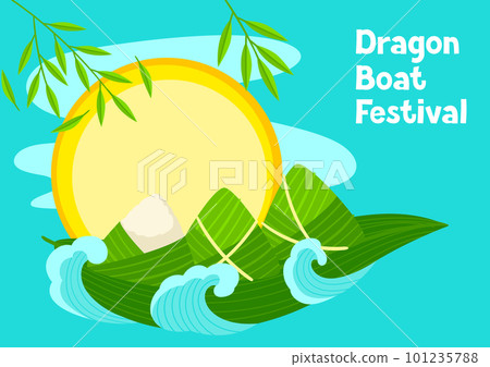 Happy Dragon Boat Festival greeting card. Chinese Duanwu holiday. Traditional food zongzi rice in bamboo leaves. Happy Dragon Boat Festival greeting card. Chinese Duanwu holiday. Traditional food zongzi rice in bamboo leaves. 101235788