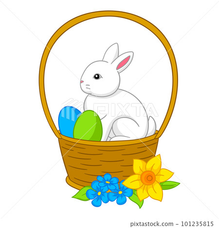 Happy Easter illustration. Cute bunny, eggs and flowers for traditional celebration. Happy Easter illustration. Cute bunny, eggs and flowers for traditional celebration. 101235815