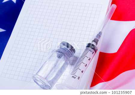Syringe and vaccine on background of american flag. Vaccination in sasha. Blank notepad for vaccination records. Syringe and vaccine on background of american flag. Vaccination in sasha. Blank notepad for vaccination records. 101235907