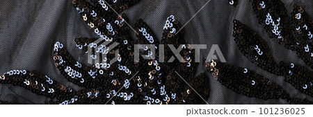 Elegant fabric decorated with sequin flowers textured background 101236025