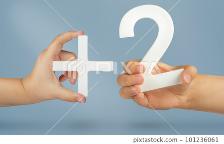 Plus two. Plus size concept. Age limit of two years to view content. White number 2 with a plus in hand on a blue background close-up. Plus two. Plus size concept. Age limit of two years to view content. White number 2 with a plus in hand on a blue background close-up. 101236061