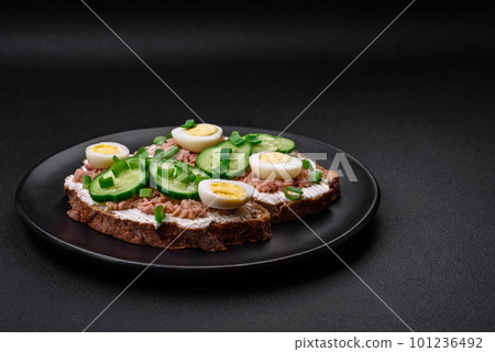 Delicious sandwiches consisting of grilled toast, canned tuna, cream cheese 101236492