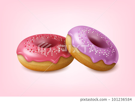 Realistic Detailed 3d Cute Berry Glazed Donut Set. Vector illustration of Juicy Tasty Doughnut 101236584