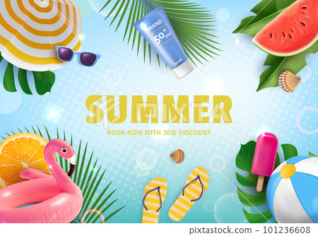 Summer Book Now with Discount Ads Banner Concept Poster Card with Sliced Watermelon and Flamingo Swimming Ring. Vector illustration 101236608