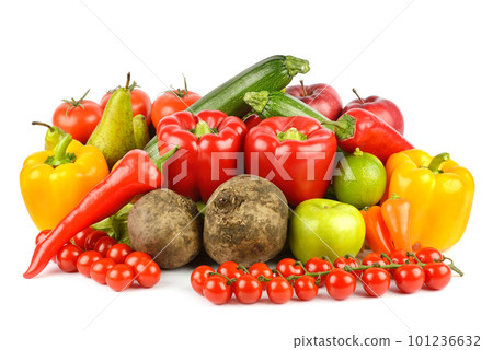 Useful fresh fruits and vegetables isolated on white 101236632