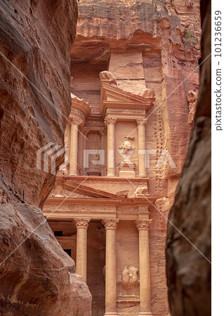 View of the Al-Khazneh Palace or Treasury in Petra, Jordan. 101236659