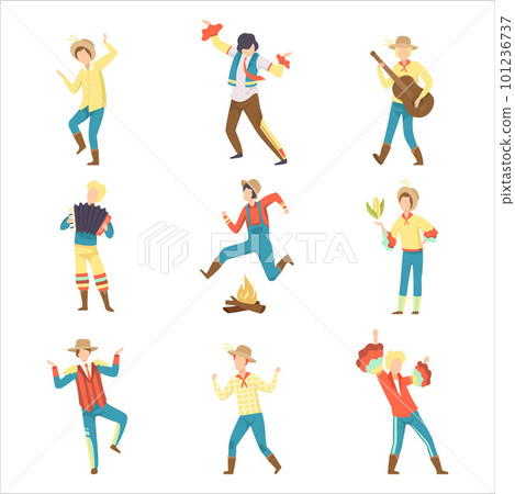 Set of rural guys dancing at Brazil June Festival, Festa Junina cartoon vector illustration Set of rural guys dancing at Brazil June Festival, Festa Junina cartoon vector illustration 101236737